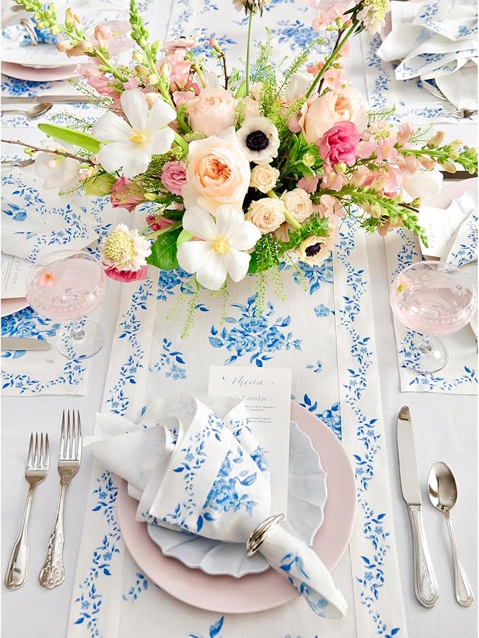 Solino Home Blue Floral Print Table Runner 120 Inches Long - 100% Pure Linen Table Runner 14 x 120 Inch - Handcrafted and Machine Washable - Jolie Fleur Print