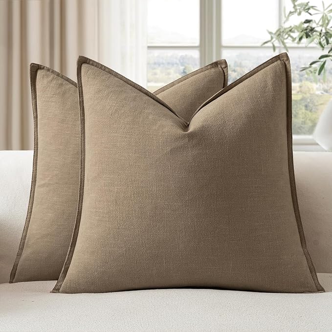EMEMA Fall Decorative Linen Throw Pillow Covers 22x22 Inch Curry Boho Farmhouse Neutral Couch Throw Pillows for Bed Pack of 2 Accent Pillowcase Modern Sofa Cushion Livingroom Home