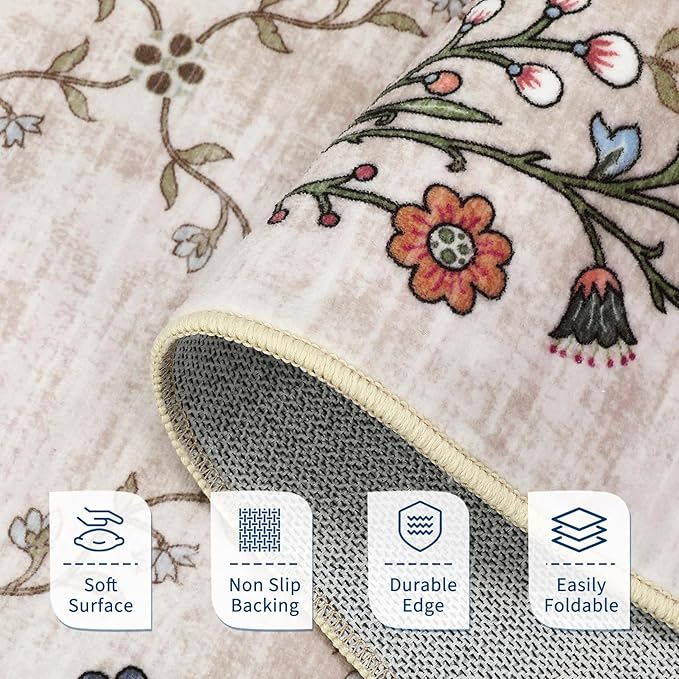 GarveeHome 9x12 Washable Floral Area Rugs for Living Room: Modern Floral Non Slip Large Area Rugs for Bedroom, Large Machine Washable Living Room Low Pile Carpet with Non-Slip Backing Beige 9'x12'.