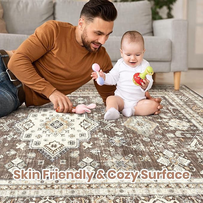 Vintage Living Room Area Rug 5x7 - Large Soft Washable Oriental Traditional Distressed Farmhouse Rugs for Bedroom - Indoor Floor Accent Carpet for Home Office House Decor - Dark Brown