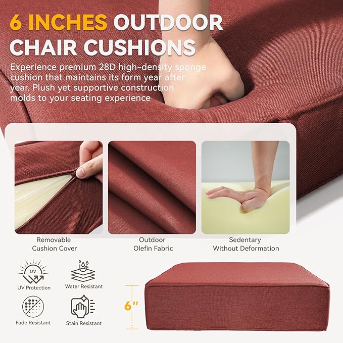 Outdoor Cushion Set for Furniture Patio Furniture, UV Resistant, Water Resistant - 6 Inch Thick Foam Garden Cushions – 22x24 Inch Patio Seat Covers for Chair/Sofa/Couch | Red | 12-Pack |