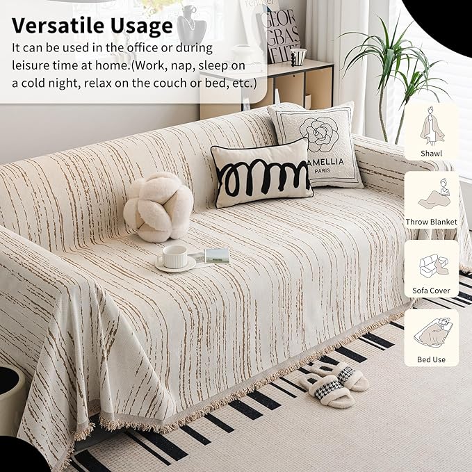 Chenille Couch Cover Pet Friendly, Sofa Cover Washable, Reversible Sofa Slipcover for Sectional Sofa, Loveseat, 2 or 3 Cushion Couch, Corner Sofa, Futon Cover (71" X 102", Khaki)