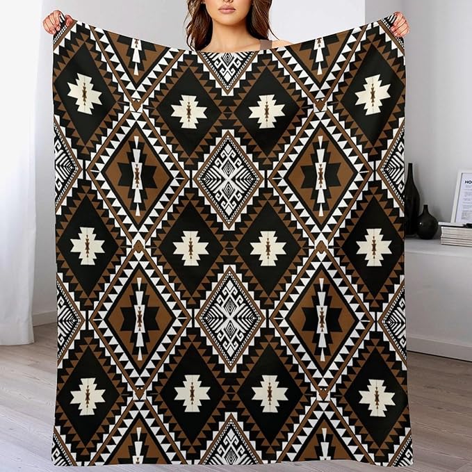 Rustic Western Throw Blanket, Southwestern Bohemian Ethnic Style Native Aztec Pattern Flannel Blanket for Sofa Bed, All Seasons 60"x80"