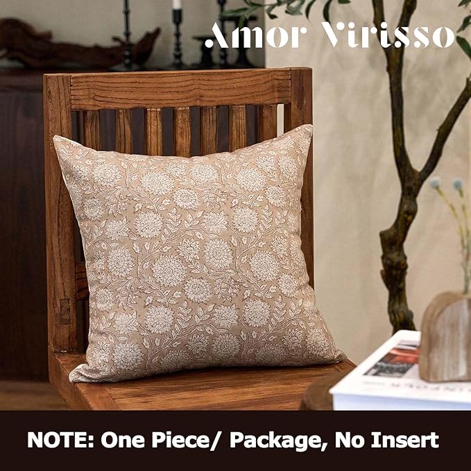 Amor Virisso Floral Pillow Covers 18x18 Throw Pillow Covers Vintage Block Print Pillow Cover Neutral Couch Pillows for Living Room Farmhouse Decorative Accent Sofa Pillows, Light Camel
