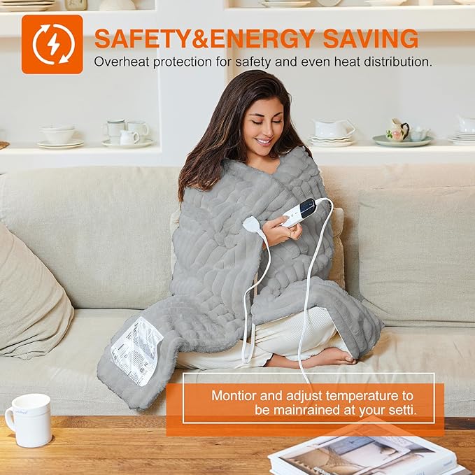 Heated Electric Blanket Throw: 6-Level Fast Heating, 4-Hour Auto-Off, Soft&Warm Stripe Faux Rabbit Fur, for Couch Home Office, with Overheating Protection & ETL Certified(50 x 60,Gray)