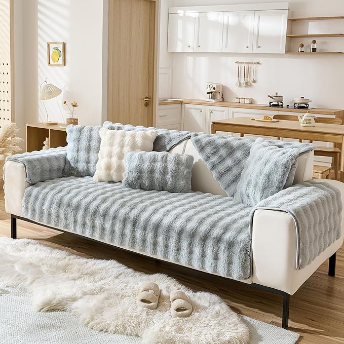 Faux Fur Armrest Cover Backrest Cover Fuzzy Plush Thick Bubble Sofa Cover Luxury Soft Cozy Couch Cover Anti-Slip Sofa Slipcover Washable Furniture Protector (Light Grey,28"x28")