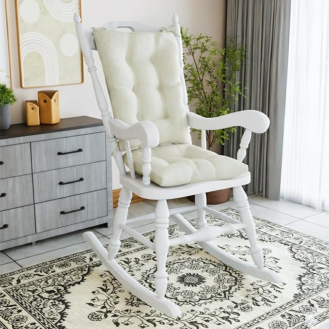 Klear Vu Omega Non-Slip Rocking Chair Cushion, Assembled in USA, Thick Tufted Design, Includes Seat Pad & Back Pillow with Ties, 17x17 Inches, 2-Piece Set, Solid Ivory
