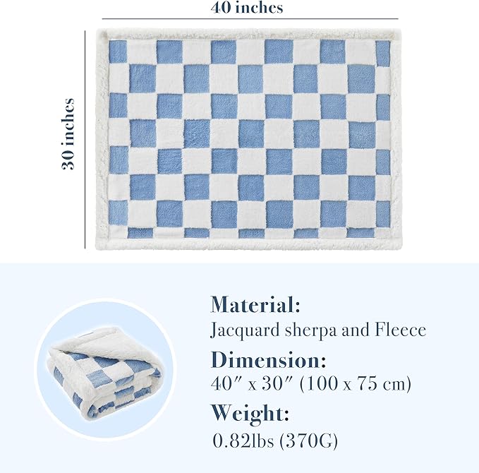 Checkered Dog Blanket, Blue Jacquard Sherpa Blankets for Small Dog and Cats, Cute Aesthetic Style Fluffy Fleece Pets Blanket for Couch Protection Washable, 30"x40"