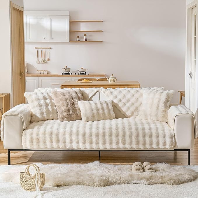 Faux Fur Decorative Throw Pillow Cover Plush Thick Bubble Pillow Covers Luxury Soft Cozy Accent Pillowcase for Spring Sofa Living Room Couch Bed (Ivory,12"x20")