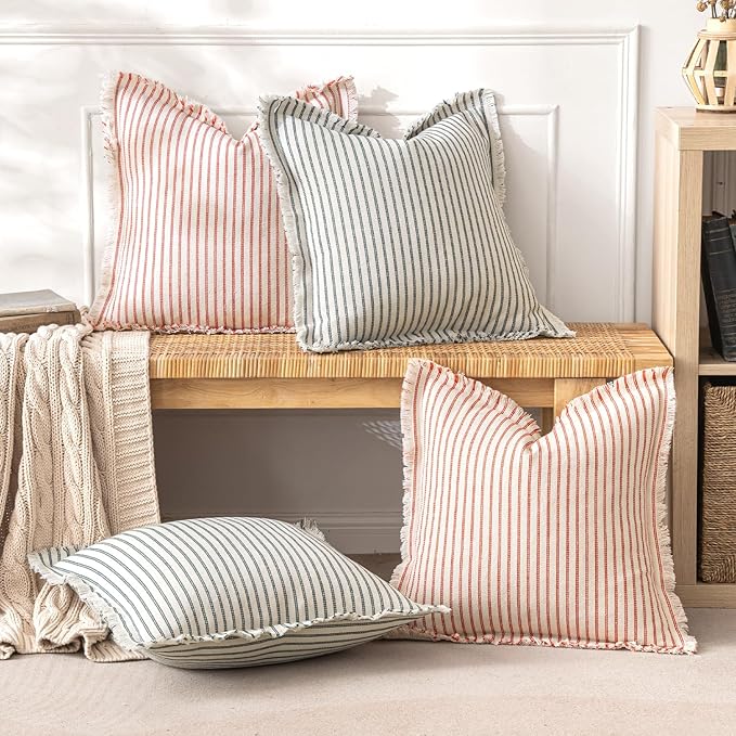 MIULEE Pack of 2 Christmas Red Pillow Covers 26x26 Inch Striped Farmhouse Couch Throw Pillow Covers with Fringe Chic Linen Decorative Cushion Eruo Sham for Sofa Living Room Bed Outdoor Home Decor