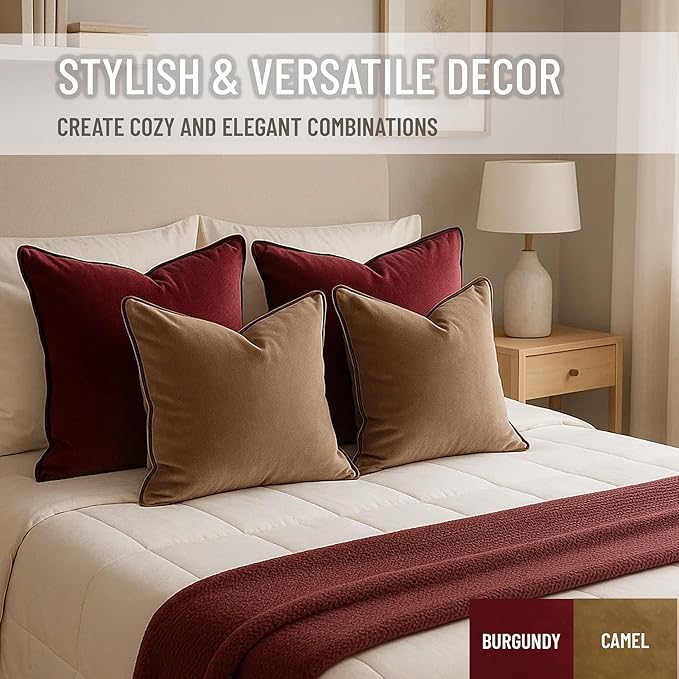 2 Pack Velvet Decorative Throw Pillow Covers, 20"x20", Camel and Brown, Solid, Modern, Contrast Piping, Indoor Use, Bedroom & Living Room