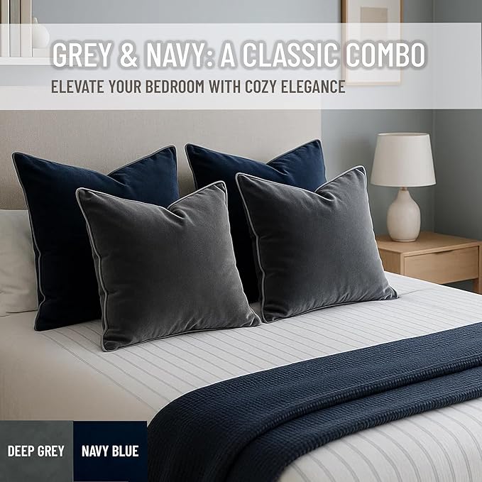 2 Pack Velvet Decorative Throw Pillow Covers, 12"x20", Deep Grey, Solid, Modern, Contrast Piping, Indoor Use, Bedroom & Living Room
