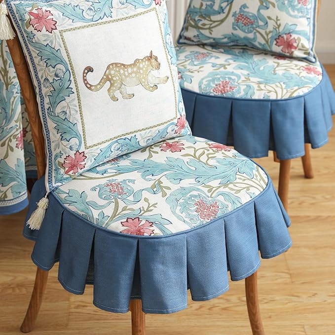 patdrea Pack of 2 Chair Cushions for Dining Chairs with Ruffled, Blue Floral Seat Cushion with Ties,Removable,Non Slip Chair Pads Decor for Bar Stool Cushions, Indoor Kitchen Chairs, 17.7"x17.7"