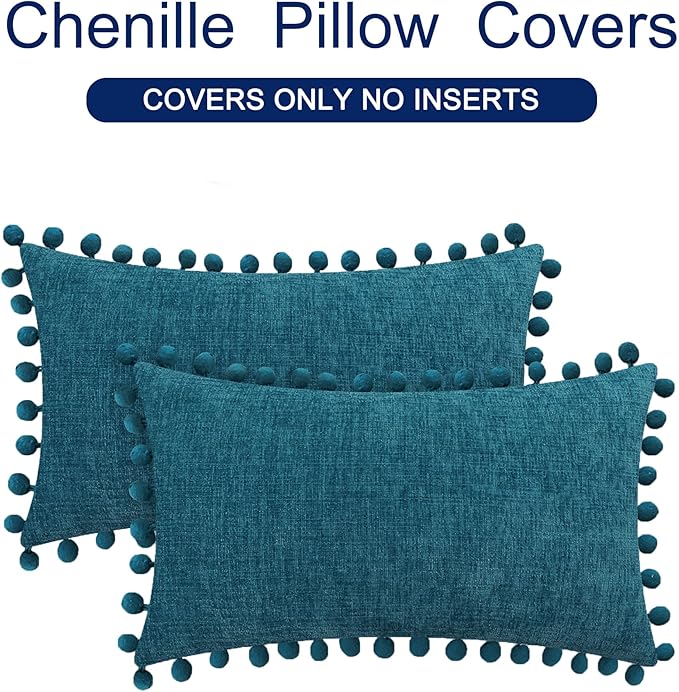CaliTime Throw Pillow Covers Decorative 20 X 12 Inches Pack of 2 Cozy Solid Dyed Soft Chenille Cushion Cases with Pom Poms for Couch Sofa Bed Living Room Home Ocean Blue