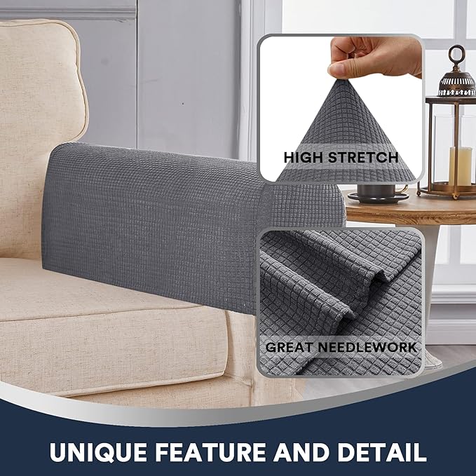 Stretch Sofa Arm Covers Spandex Jacquard Anti-Slip Couch Arm Covers with Sticker Furniture Armrest Protector for Sofa Couch Chair Recliner, Set of 2, Grey