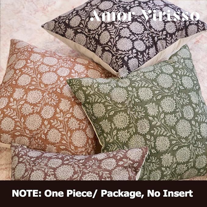 Amor Virisso Floral Pillow Covers 20x20 Throw Pillow Covers Vintage Block Print Pillow Cover Neutral Couch Pillows for Living Room Farmhouse Decorative Accent Sofa Pillows, Dusty Green