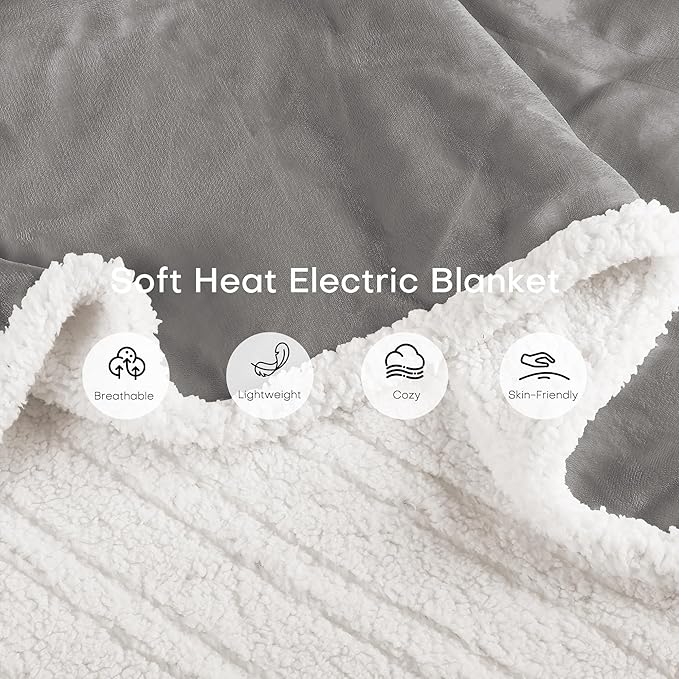 Electric Heated Blanket Twin Size 62"x84" - Dual-Sided with Microplush & Sherpa Fabric, 4 Heat Settings & 10 Hours Auto Off, Machine Washable - Light Gray