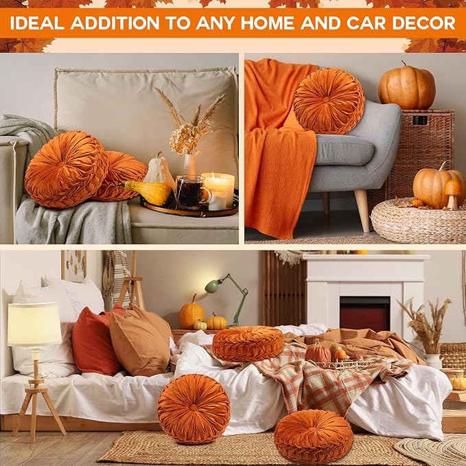 2 Pcs Round Throw Pillows 15 Inch Decorative Velvet Pleated Pumpkin Floor Boho Pillows for Living Room Couch Chair Bed Sofa (Orange)