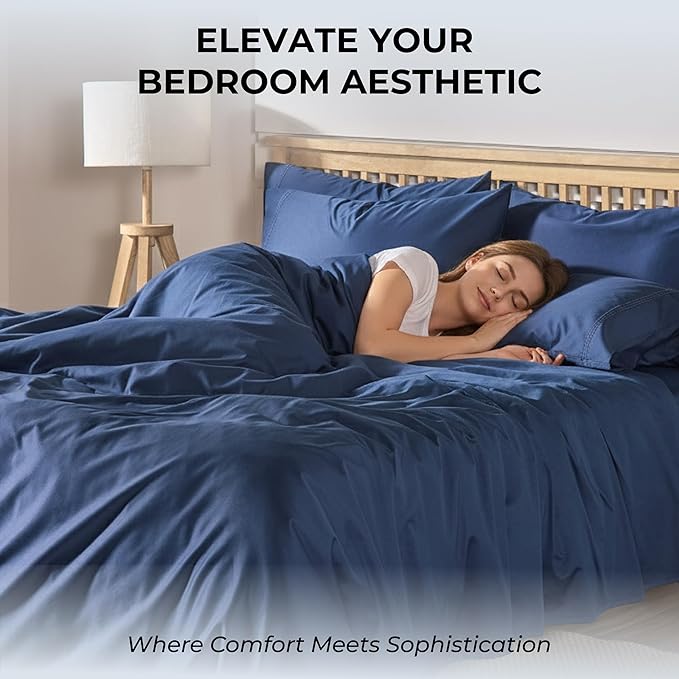 100% Natural Cotton Bed Sheets | 500 TC Single-Ply Sateen Weave Cal King Sheet Set | Breathable & Hypoallergenic Solid 4-Piece Bedding with Deep Pocket Fitted, Flat, Pillowcase | Navy Blue