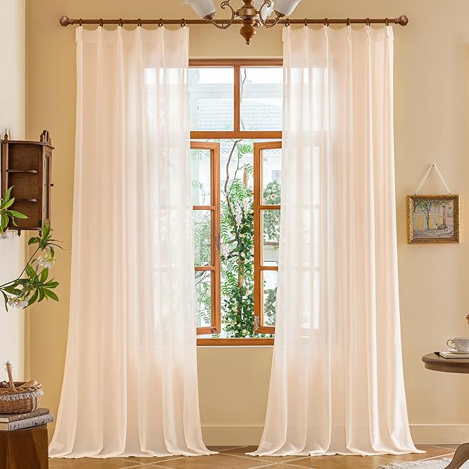 MAIHER 102 Inches Long Pinch Pleat Sheer Curtains 8.5ft for Sliding Door Airy Lightweight Light Filtering Pleated Drapes with Adjustable Hooks for Living Room, Soft Pink, 42" W x 102" L, 2 Panels