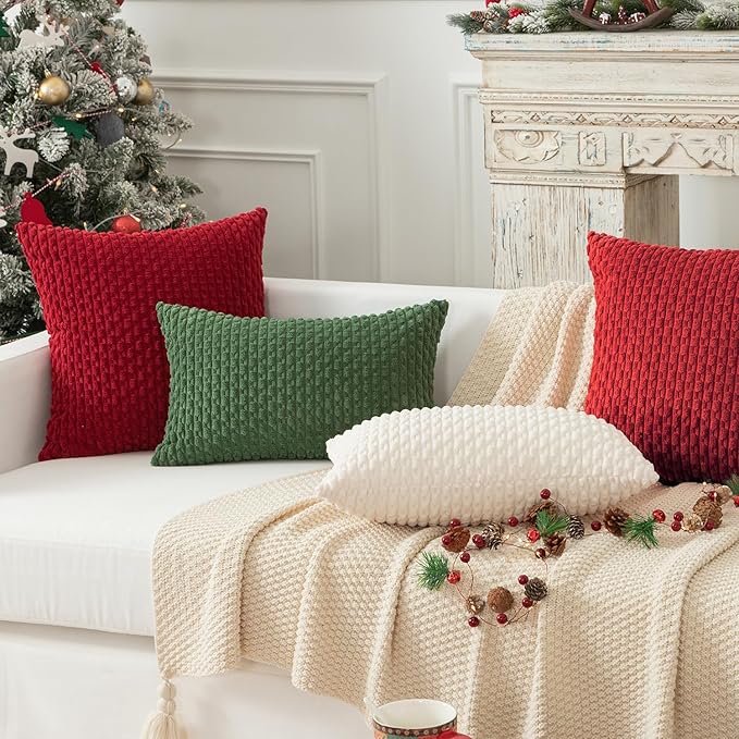 Kevin Textile 12x24 Inch Pillow Cover 1 Pack Boho Christmas Decorative Soft Striped Corduroy Lumbar Farmhouse Color Accent Rectangle Cushion Case for Living Room Couch Sofa Bed, Red