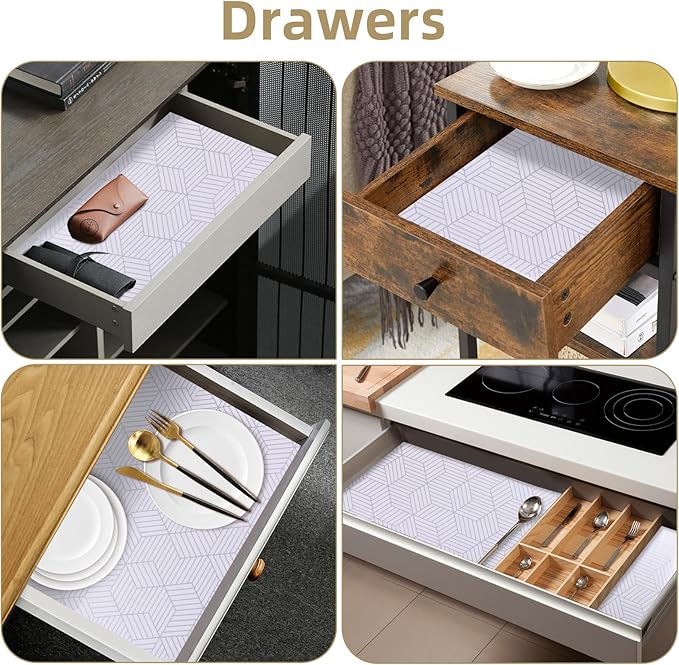 Shelf Liners for Kitchen Cabinets Non Adhesive Shelf Liner Paper Non-Slip Thickened Drawer Liner Easy to Clean for Tool Box Refrigerator with Knife and Tape Measure, Silver Geometric, 11.8 x 354.3 in