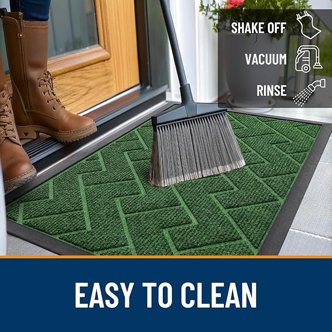 OLANLY Front Door Mat Indoor Outdoor Entrance, Waterproof All-Season, All-Weather Doormat, Sturdy Natural Rubber, Low Profile, Easy Clean Patio Porch Entryway Mat, Herringbone Brick (Green, 35x23)