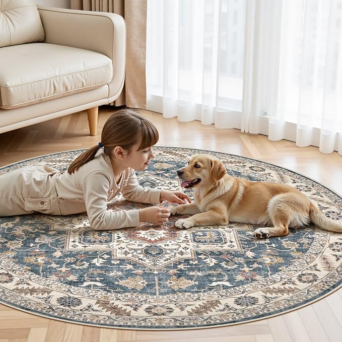 6ft Round Vintage Living Room Area Rug - 6x6 Large Soft Washable Oriental Traditional Distressed Farmhouse Rugs for Bedroom - Indoor Floor Accent Carpet for Home Office House Decor - Vintage Blue