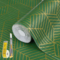 Shelf Liners for Kitchen Cabinets 17.5in x 30FT, Non Adhesive Cabinet Liner Strong Non-Slip Thickened Gold Green Geometric Drawer Liner, Easy to Clean for Shelf, Cabinet with Knife and Tape Measure