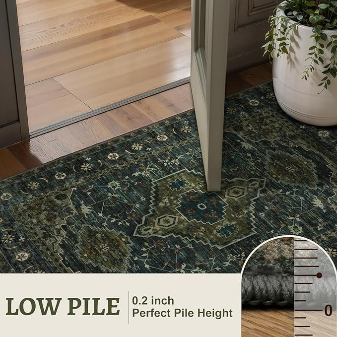 Tangsoo 2.6x10 Washable Hallway Runner Rug, Non Slip Vintage Runner Rug for Hallways, Soft Low Pile Long Rug Runner, Print Distressed Carpet Runners for Kitchen Bedroom Entryway Living Room Green