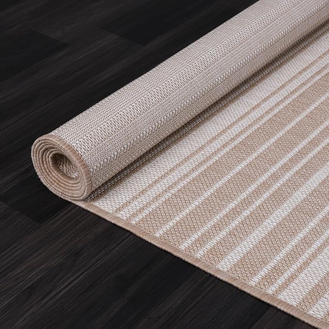 Stripe Outdoor Rug 6x9 Washable Outside Carpet for Indoor Patio Porch Waterproof Easy Cleaning Non Shedding Area Rugs Beige 6 x 9
