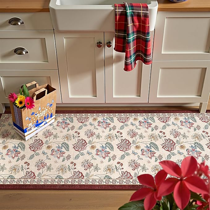 jinchan Elora 2x5 Floral Runner Rug for Hallway Washable Runner Vintage Romance Christmas Design Non Slip Thin Indoor Floor Cover Low-Profile Throw Carpet for Entryway Bathroom Bedroom, Red/Beige