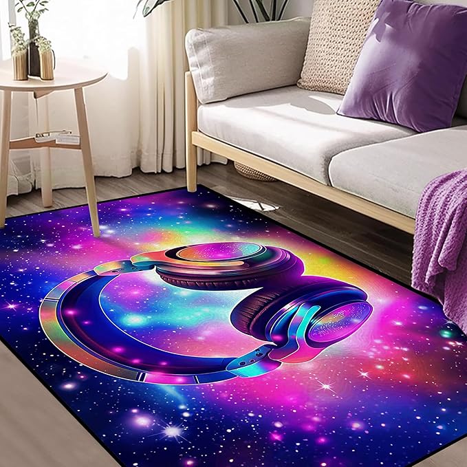 Galaxy Game Area Rug Music Headphone Rugs Colorful Throw Rug Non-Slip Carpet Doormats for Living Room Bedroom Apartment Dorm Floor Mat 47 in X 31 in