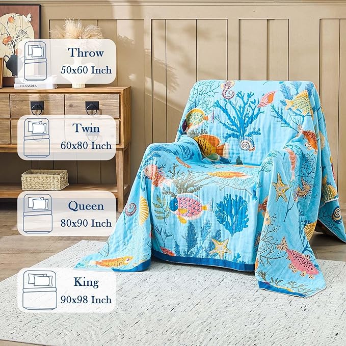 Blue Boho Blanket, 60"x80" Soft Farmhouse Decorative Throw Blanket, 100% Cotton Reversible Vintage Muslin Quilt Bohemian Decor Woven Blanket All Season Blankets for Sofa Couch Chair