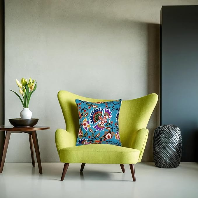 Turquoise Floral Pillow Cover Modern Flower Pillowcase Floral Hand Embroidered Outdoor Cushion Suzani Farmhouse Chair Throw Traditional Chair Cushions Wool Size 18x18