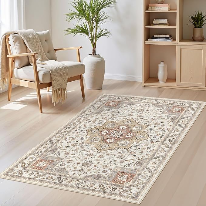 Vintage Living Room Area Rug 3x5 - Large Soft Washable Oriental Traditional Distressed Farmhouse Rugs for Bedroom - Indoor Floor Accent Carpet for Home Office House Decor - Golden Taupe