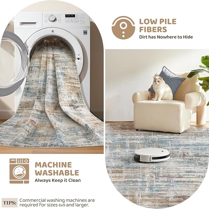 5ft Round Area Rug for Living Room: 5x5 Washable Neutral Abstract Modern Soft Rugs Non Slip Indoor Floor Stain Resistant Carpet for Bedroom Dining Room Office Nursery - Blue Brown