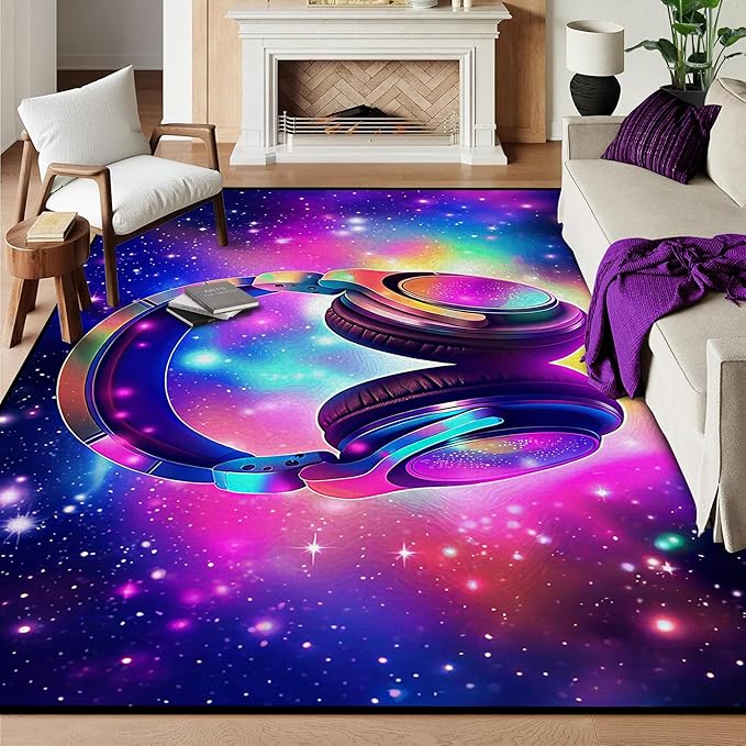5' X 7' Galaxy Game Area Rug Music Headphone Rugs Colorful Throw Rug Non-Slip Carpet Doormats for Living Room Bedroom Apartment Dorm Floor Mat