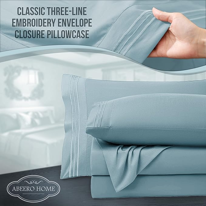 California King Sheet Set - Luxury Hotel Bed Sheet - Soft Cooling Sheets with Elastic Corner Strap - Deep Pocket Microfiber - Bedding Sheets & Pillowcases -4PC (Cal King Size, Light Blue)