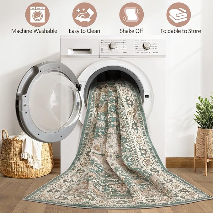 Green Rug Living Room Rugs: 10x13 Washable Boho Large Vintage Soft Stain Resistant Farmhouse Oriental Non-Slip Indoor Floor Carpet for Bedroom Nursery Kids Playroom Office Dining Room Home Decor