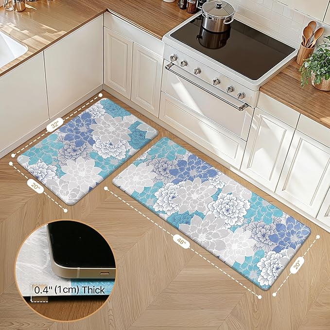 GENIMO Kitchen Mats for Floor, Kitchen Rugs Non Slip Washable Sets of 2, Waterproof Cushioned Anti Fatigue Mat, Floral Runner Rug for Laundry, Sink, Office, Home, 20"x32"+20"x48", Sky Blue