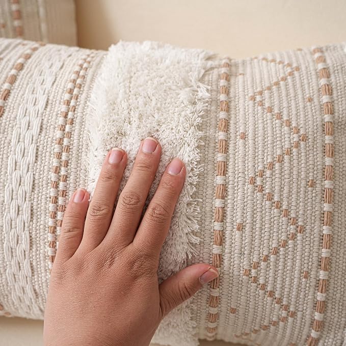 BlissBlush Decorative Throw Pillow Cover 18X18 Combo Set of 2 Square Cream Neutral White Boho Accent Pillowcase Tassels Farmhouse Cushion for Couch Sofa Bedroom Living Room Home Décor Cover ONLY