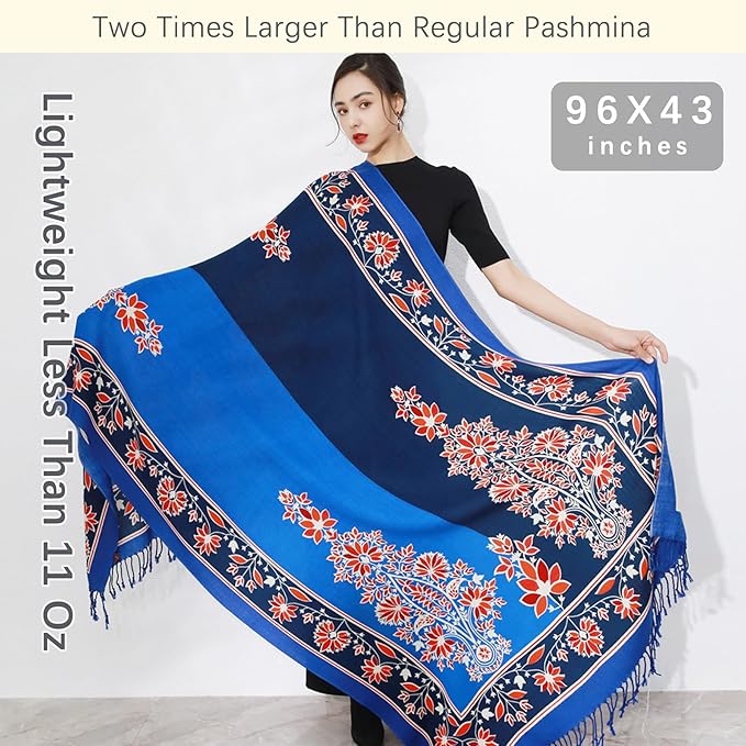 DANA XU 100% Merino Wool Pashmina Shawl for Women 96"x43", Oversized Cashmere Wrap with Tassels, Floral Travel Blanket Cape