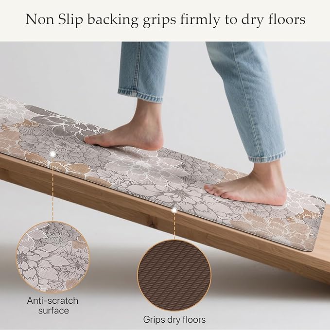 GENIMO Kitchen Mats for Floor, Kitchen Rugs Non Slip Washable, Waterproof Cushioned Anti Fatigue Mat, Floral Runner Rug for Laundry, Sink, Office, Home, 23.6"x71", Taupe Grey