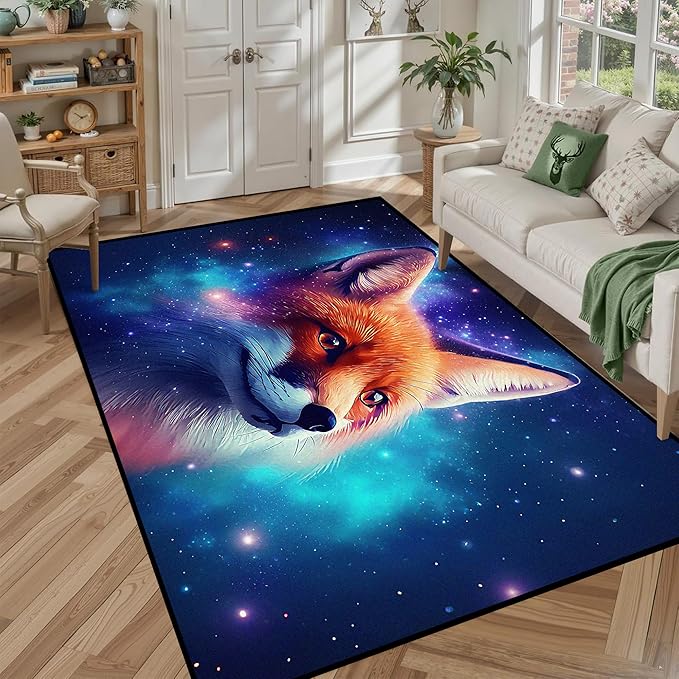 5' X 7' Galaxy Fox Rug 3D Cute Foxes Area Rugs for Bedroom Living Room Playroom Boys Kids Cartoon Colorful Carpet Glitter Stars Throw Rugs Floor Mat