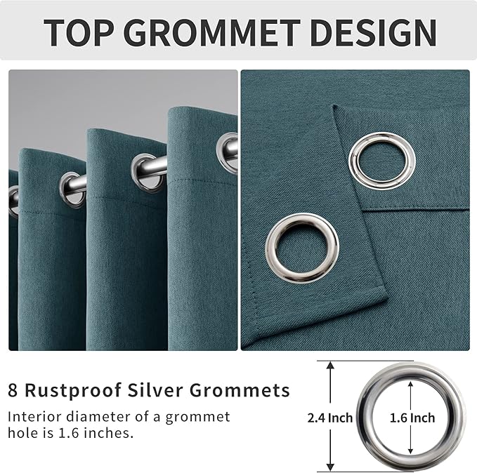 Easy-Going Linen Look Blackout Curtain 108 Inch Length Grommet Window Curtain for Bedroom, Living Room Thermal Insulated Room Darkening (Set of 2 Panels, Bluestone)