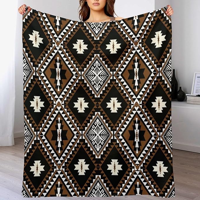 Rustic Western Throw Blanket, Southwestern Bohemian Ethnic Style Native Aztec Pattern Flannel Blanket for Sofa Bed, All Seasons 50"x60"