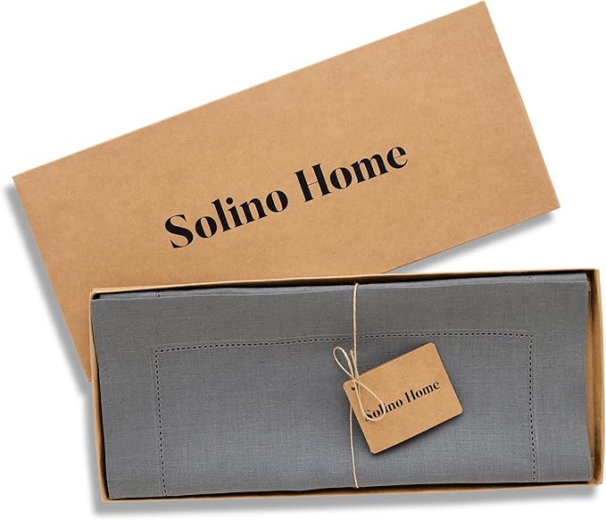 Solino Home Linen Steel Gray Table Runner 120 Inches Long - 100% Pure Linen Hemstitch 14 x 120 Inch Table Runner for Dining - Classic Hemstitch