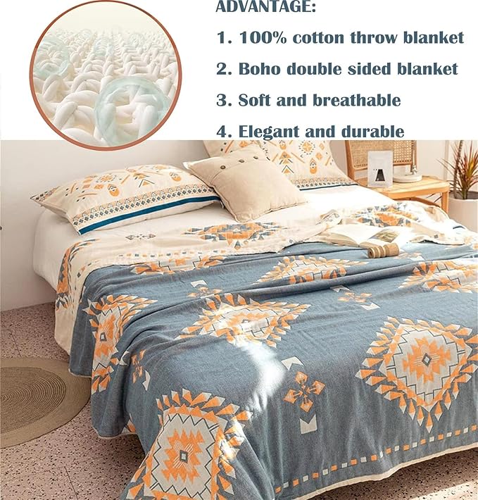 MSGKV Fall Blankets Cotton Throw Blanket 60''x 80'' Muslin Blanket for Couch Bed Chair,Cozy Soft Bed Cotton Quilted Boho Quilts Blankets Gifts for Women