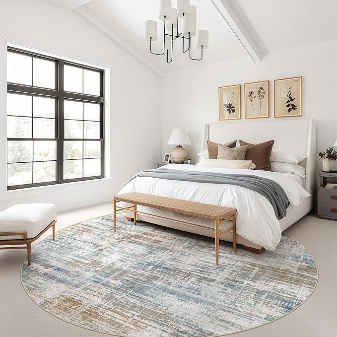 8ft Round Area Rug for Living Room: 8x8 Washable Neutral Abstract Modern Soft Rugs Non Slip Indoor Floor Stain Resistant Carpet for Bedroom Dining Room Office Nursery - Blue Brown